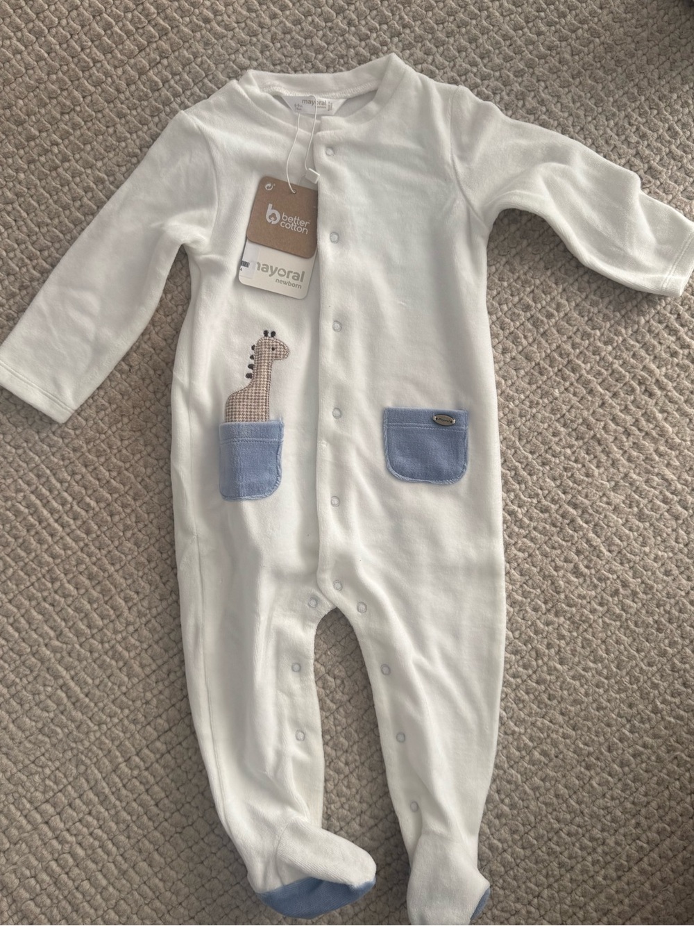 Mayoral White Footed One-Piece with Light Blue Pockets and Giraffe